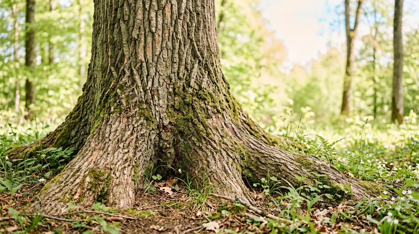 The moss-covered base of a broad tree trunk in a sunlit forest