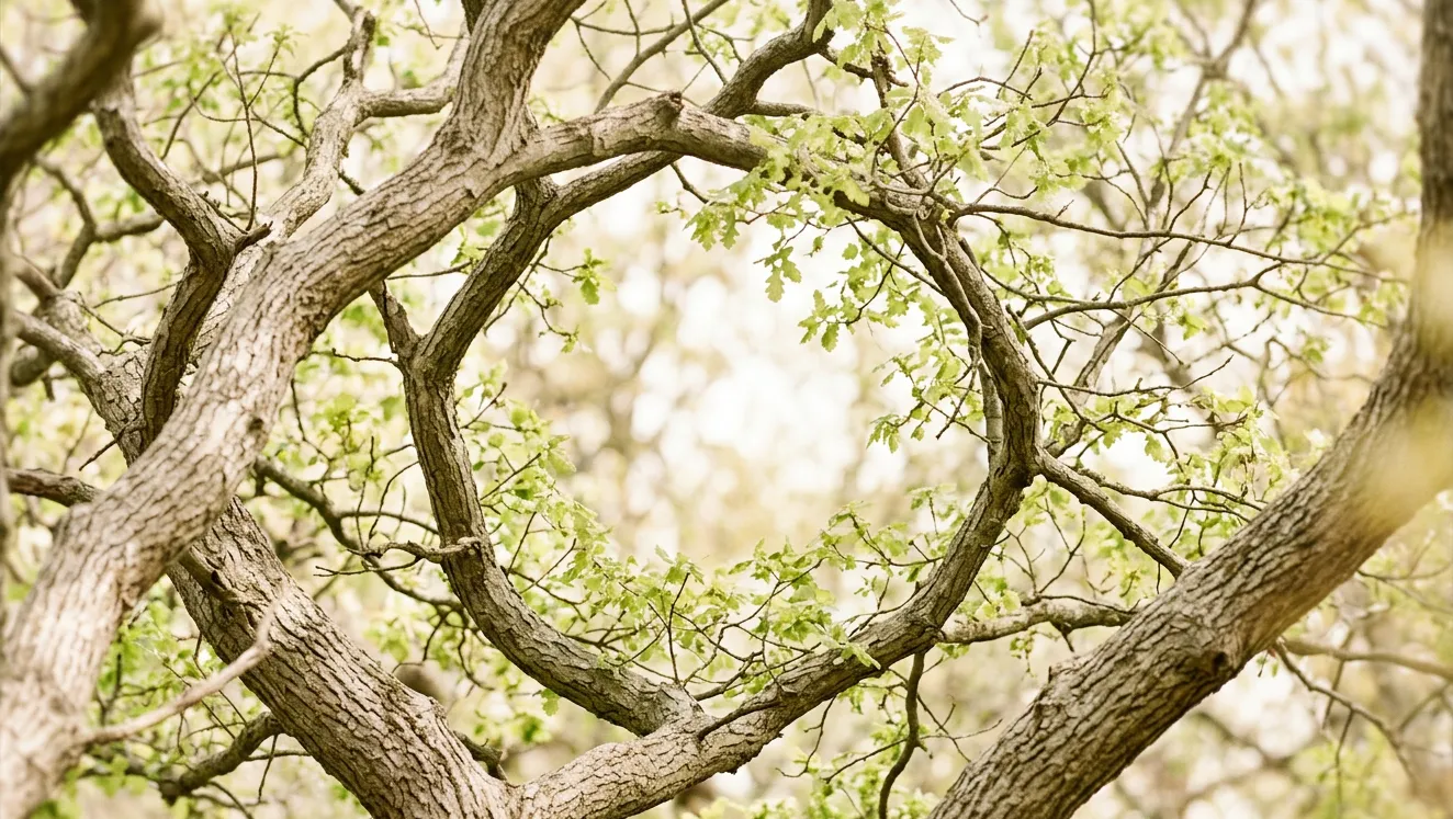 Interlaced oak branches forming a circle against bright sky