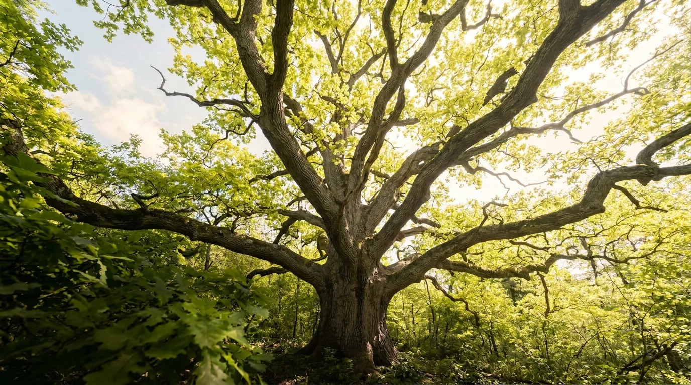 The spreading crown of a mature oak tree seen from below